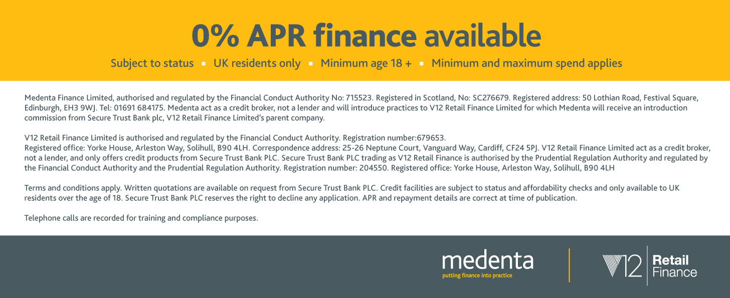 0% APR finance available through Medenta and V12 Retail Finance